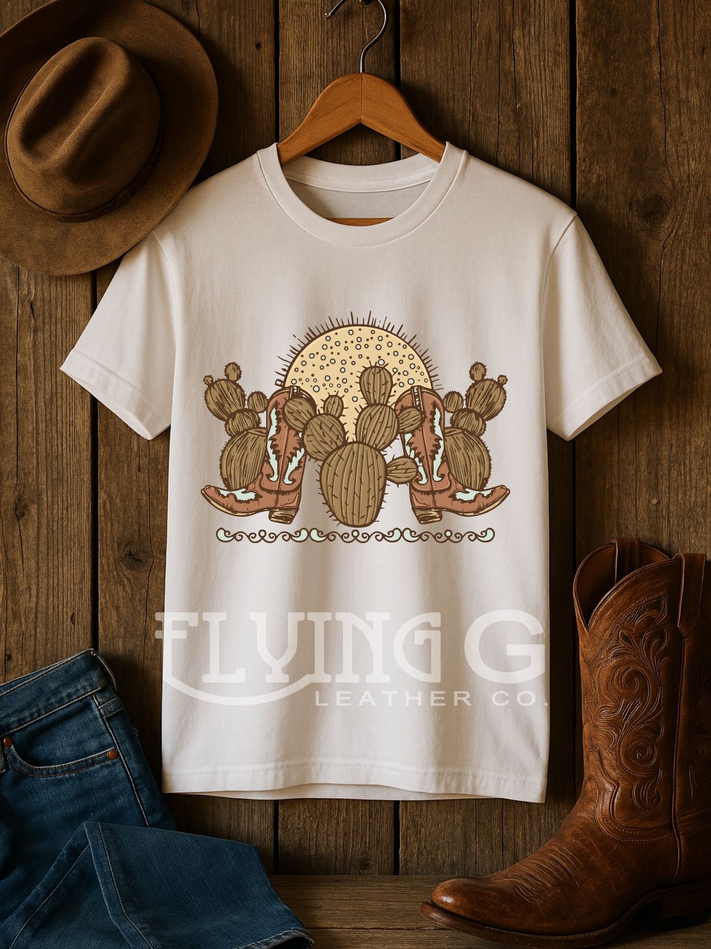 Cactus, Boots & Moon Tee or Crewneck (Tan)