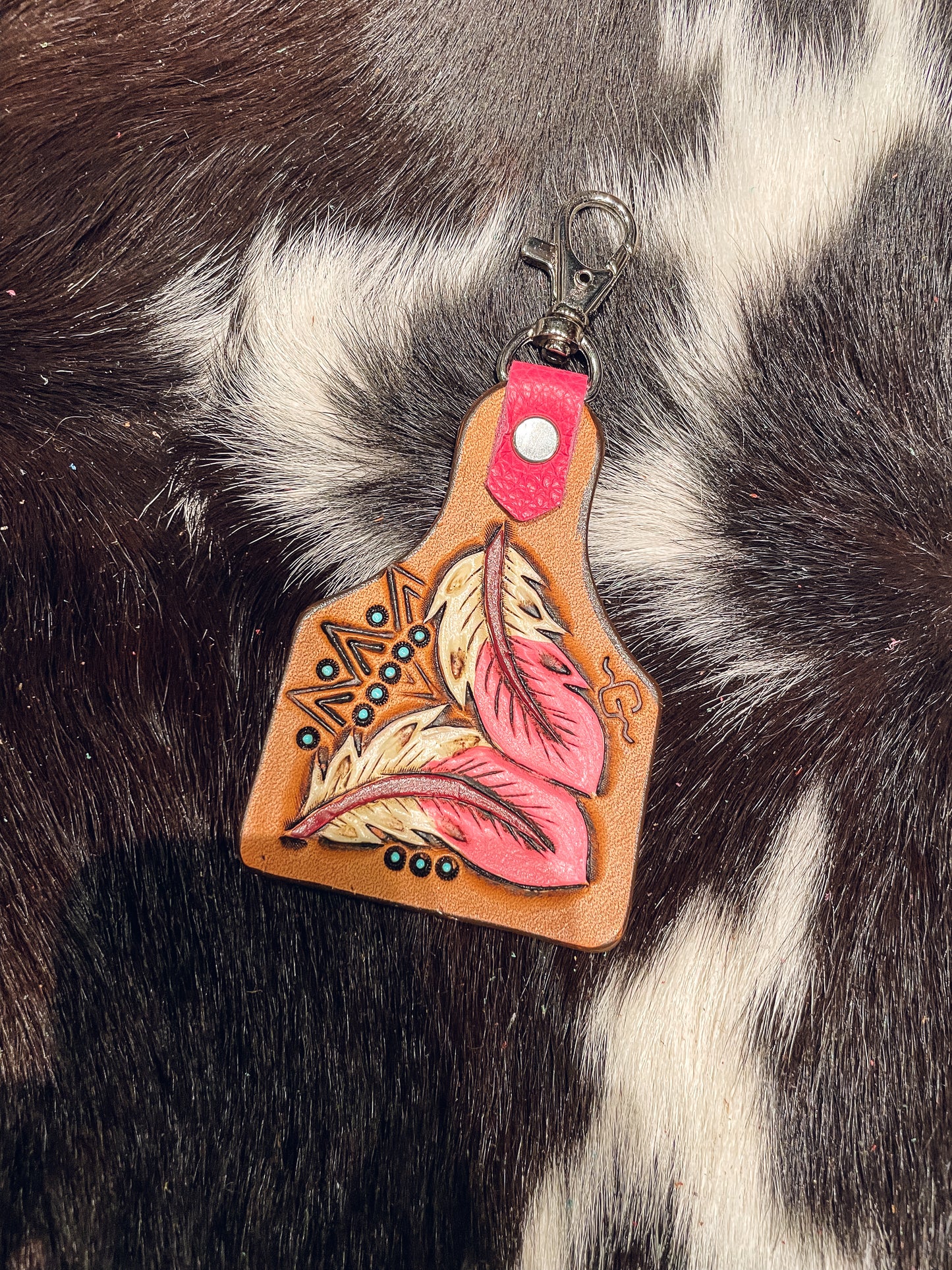 Pink Feather Ear Tag Keychain