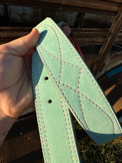 Turquoise Suede Belt - Pink Stitching