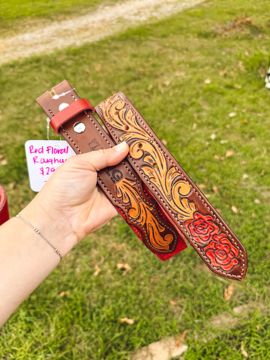 Tooled Rose Suede Tipped Belt - 30”