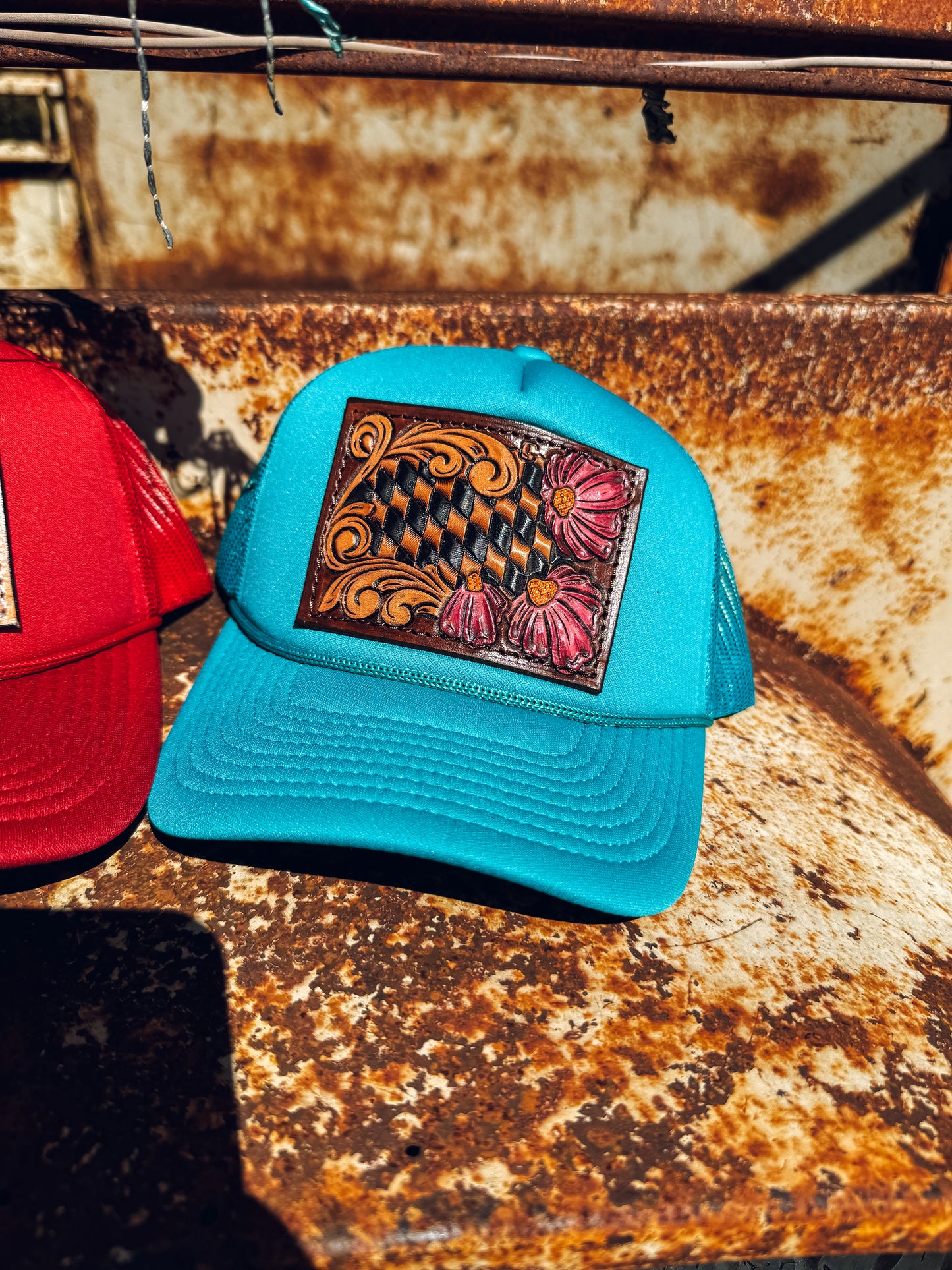 Teal Checkered Flower Trucker Cap