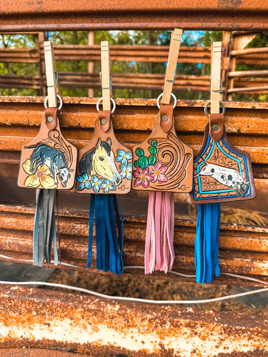 Large Tooled Ear Tag Keychains - multiple design options