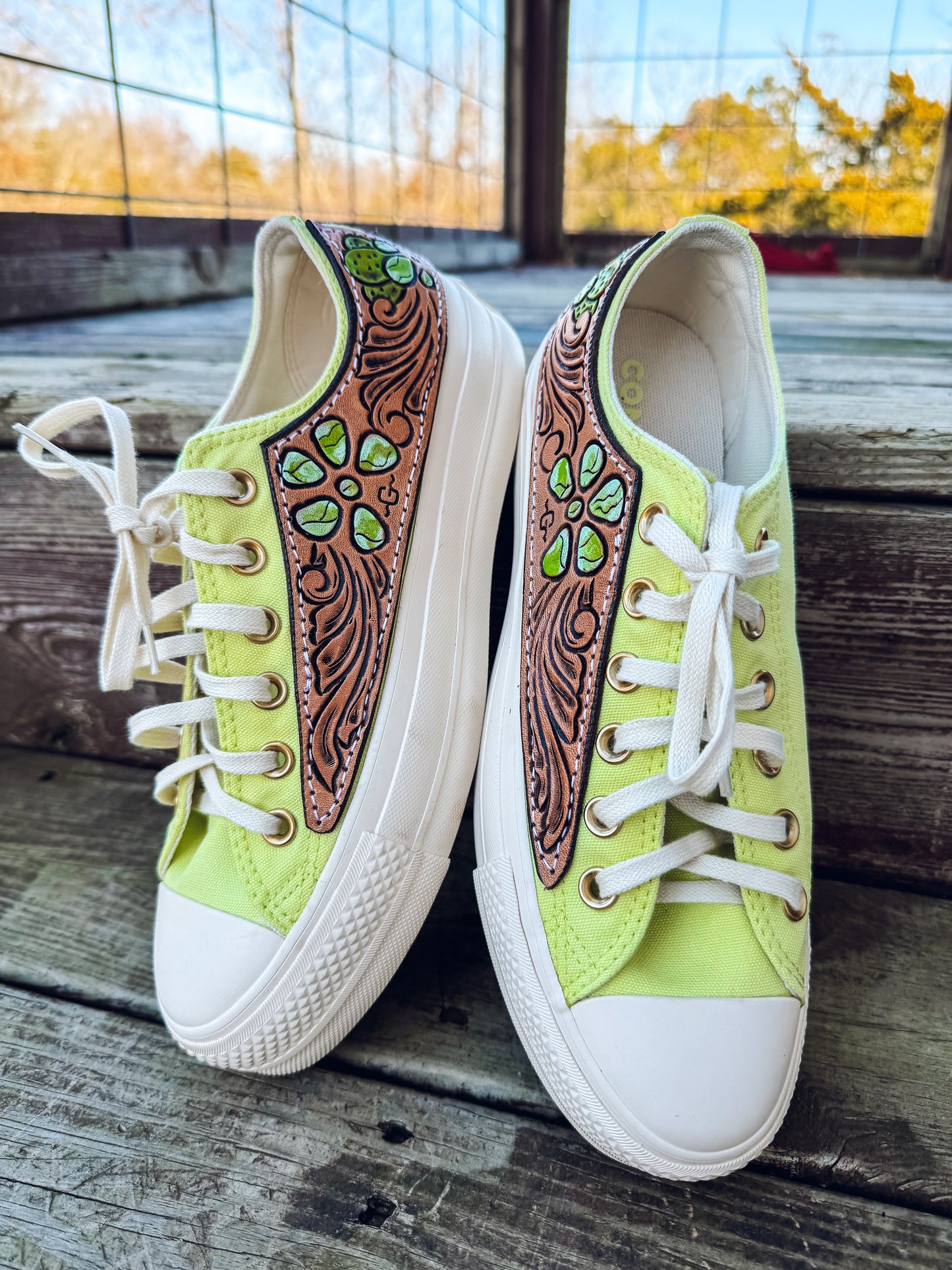 Lime Green Platform with Tooling & painted Stones - womens 8.5