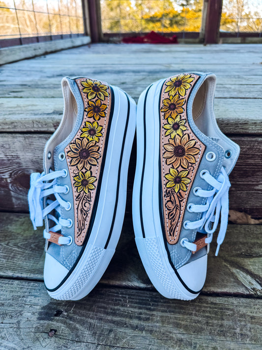 Gray Platform with Tooled Sunflowers - womens 9.5