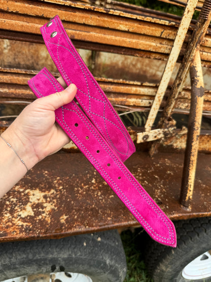 Pink Suede Belt - Turquoise Stitching