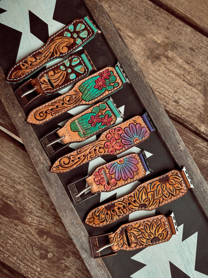 Fancy Tooled Watch Bands w/ Engraved Buckle