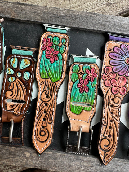 Fancy Tooled Watch Bands w/ Engraved Buckle