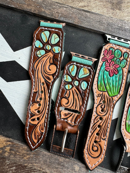 Fancy Tooled Watch Bands w/ Engraved Buckle